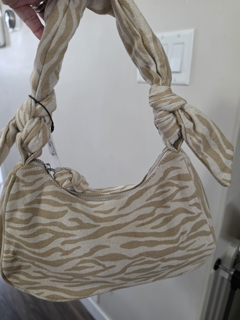 Beige Canvas Zebra Print Knotted Mini Shoulder Bag